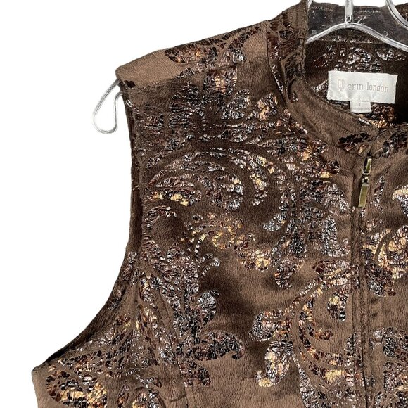 Erin London Vest L Brown Velvet Full Zip Metallic Warm Pockets Cozy Office Work - Picture 3 of 13